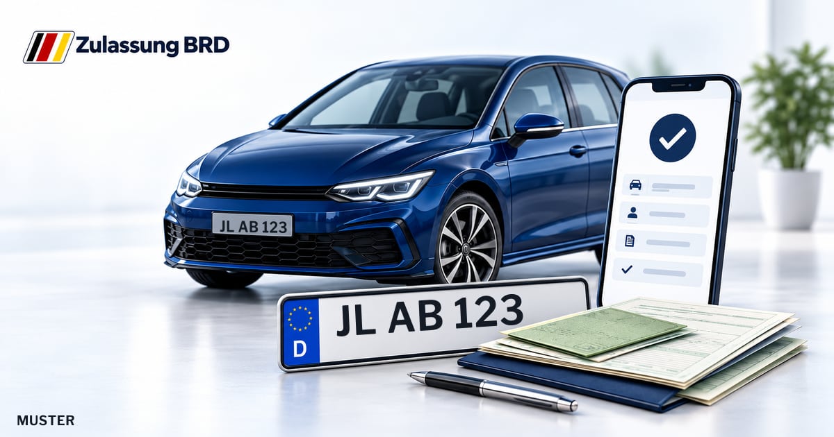 Online Fahrzeugzulassung in Burg: Musterkennzeichen JL AB 123, Auto und Fahrzeugpapiere und Smartphone. Illustration mit Logo von Zulassung BRD.